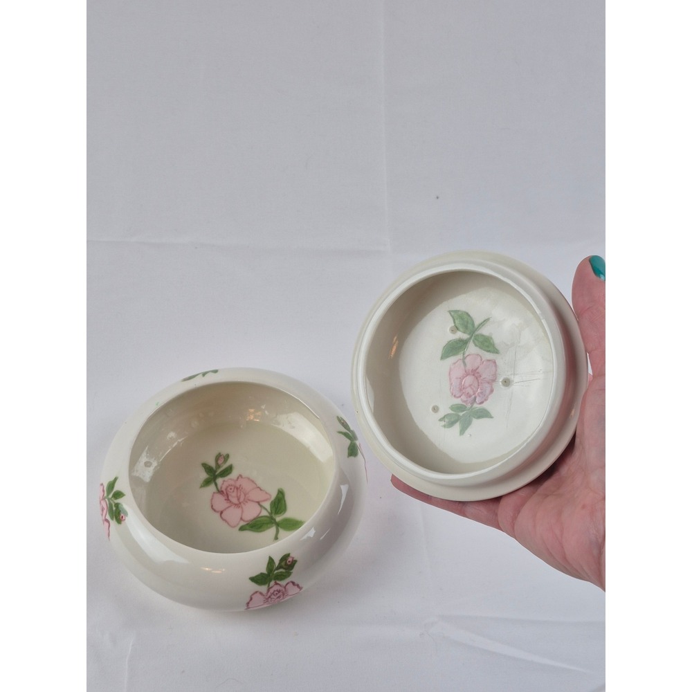 Vintage Hand Painted Pink Rose Ceramic Covered Dresser Box Vanity Jewelry Dish